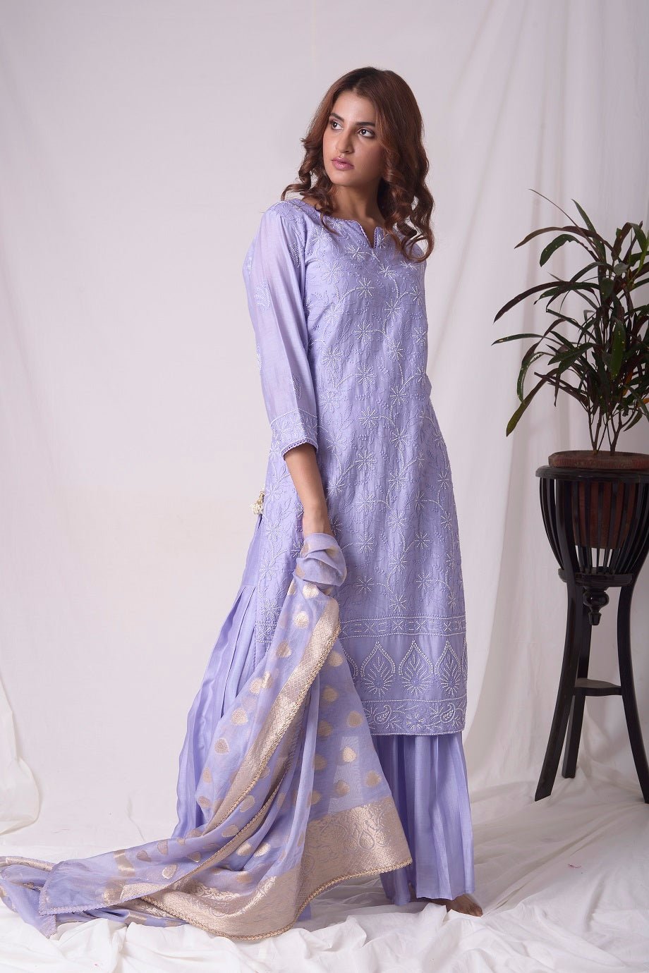 Buy blue chanderi suit online in USA with pearl work. Buy grey lucknowi suit online in USA with pearl work. Be the talk of parties and weddings with exquisite designer gowns, Indian suits, Anarkali dresses, Indo-western dresses from Pure Elegance Indian clothing store in USA .Shop online now.-full view-2
