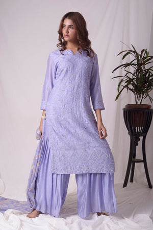 Buy blue chanderi suit online in USA with pearl work. Buy grey lucknowi suit online in USA with pearl work. Be the talk of parties and weddings with exquisite designer gowns, Indian suits, Anarkali dresses, Indo-western dresses from Pure Elegance Indian clothing store in USA .Shop online now.-full view-3