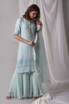 Buy sky blue georgette suit online in USA with palazzo and dupatta. Be the talk of parties and weddings with exquisite designer gowns, Indian suits, Anarkali dresses, Indo-western dresses from Pure Elegance Indian clothing store in USA .Shop online now.-full view