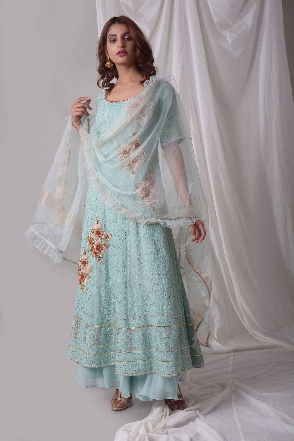 Buy aqua blue georgette suit online in USA with palazzo and dupatta. Be the talk of parties and weddings with exquisite designer gowns, Indian suits, Anarkali dresses, Indo-western dresses from Pure Elegance Indian clothing store in USA .Shop online now.-full view-3