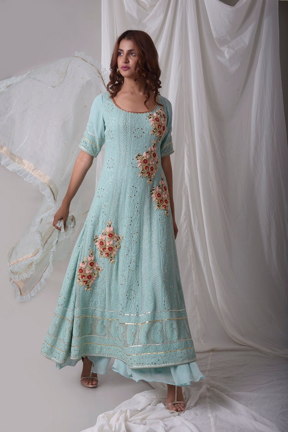 Buy aqua blue georgette suit online in USA with palazzo and dupatta. Be the talk of parties and weddings with exquisite designer gowns, Indian suits, Anarkali dresses, Indo-western dresses from Pure Elegance Indian clothing store in USA .Shop online now.-full view-4