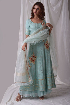Buy aqua blue georgette suit online in USA with palazzo and dupatta. Be the talk of parties and weddings with exquisite designer gowns, Indian suits, Anarkali dresses, Indo-western dresses from Pure Elegance Indian clothing store in USA .Shop online now.-full view-5