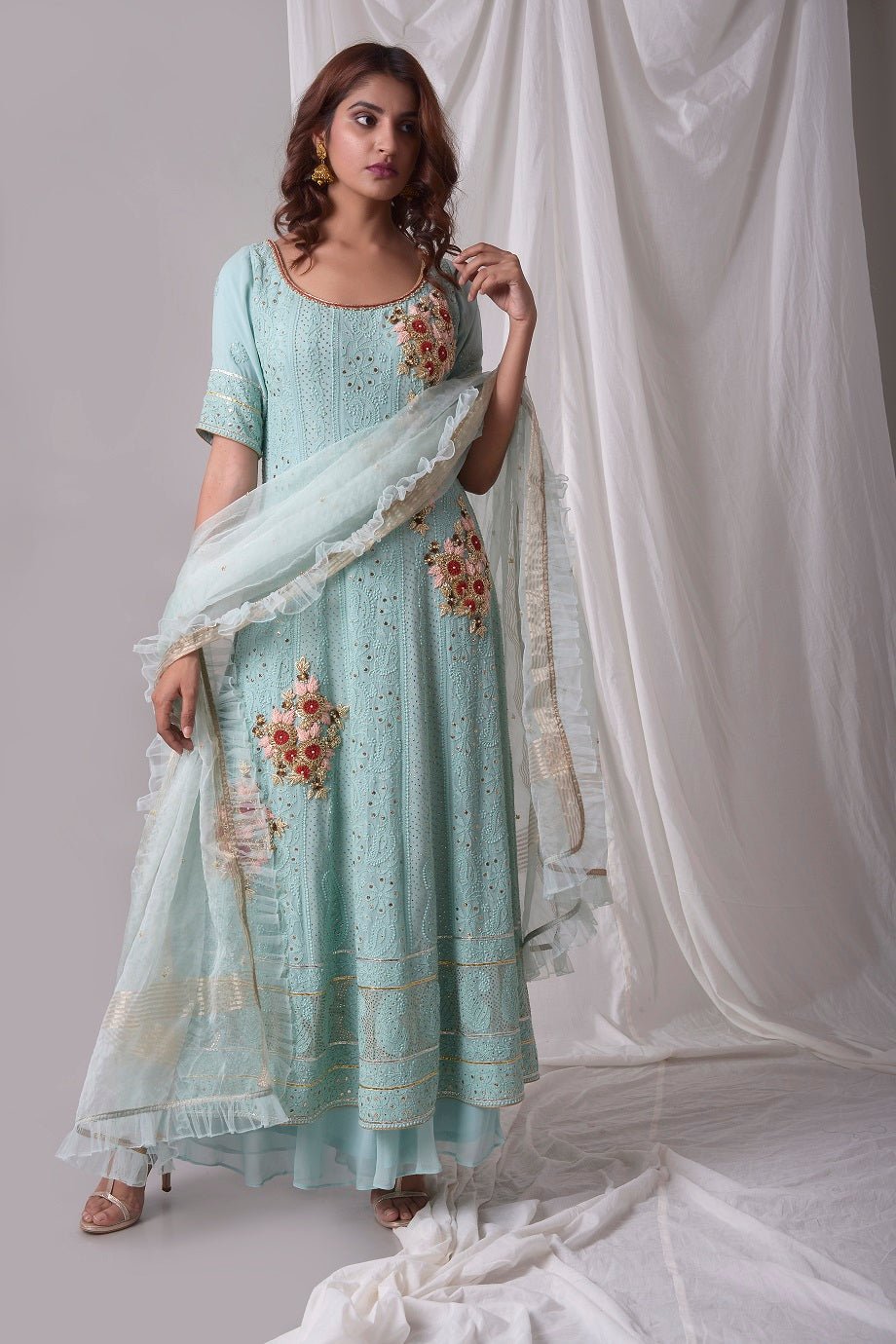 Buy aqua blue georgette suit online in USA with palazzo and dupatta. Be the talk of parties and weddings with exquisite designer gowns, Indian suits, Anarkali dresses, Indo-western dresses from Pure Elegance Indian clothing store in USA .Shop online now.-full view-7