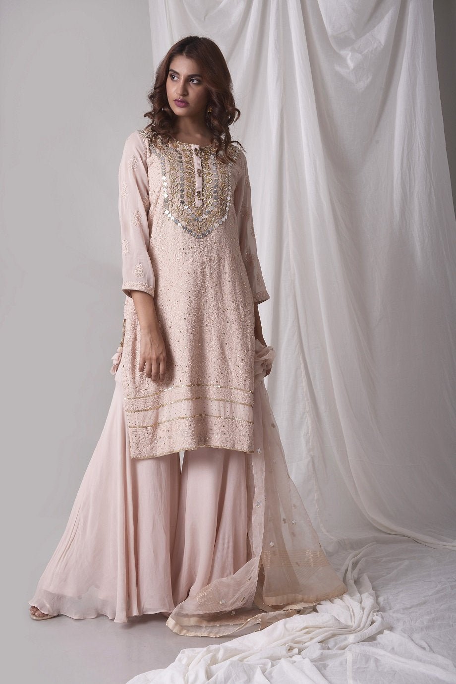 Buy powder pink georgette suit online in USA. Be the talk of parties and weddings with exquisite designer gowns, Indian suits, Anarkali dresses, Indo-western dresses from Pure Elegance Indian clothing store in USA .Shop online now.-full view-2