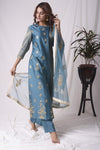 Buy blue tissue chanderi suit online in USA with palazzo and dupatta. Be the talk of parties and weddings with exquisite designer gowns, Indian suits, Anarkali dresses, Indo-western dresses from Pure Elegance Indian clothing store in USA .Shop online now.-full view