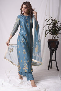 Buy blue tissue chanderi suit online in USA with palazzo and dupatta. Be the talk of parties and weddings with exquisite designer gowns, Indian suits, Anarkali dresses, Indo-western dresses from Pure Elegance Indian clothing store in USA .Shop online now.-full view