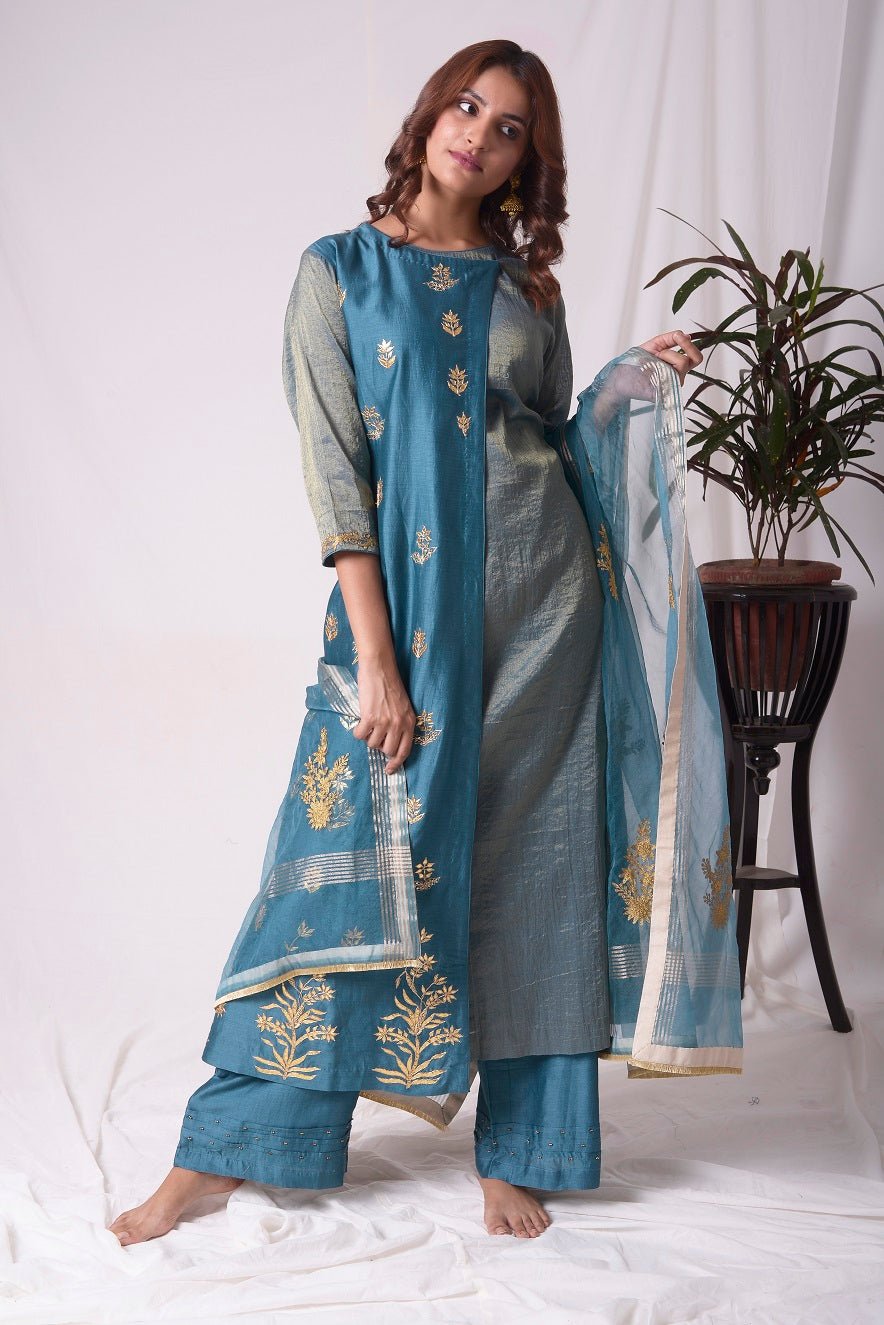 Buy blue tissue chanderi suit online in USA with palazzo and dupatta. Be the talk of parties and weddings with exquisite designer gowns, Indian suits, Anarkali dresses, Indo-western dresses from Pure Elegance Indian clothing store in USA .Shop online now.-full view-3