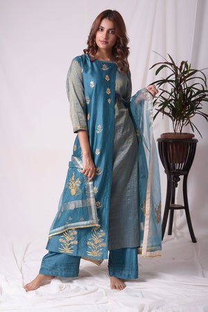 Buy blue tissue chanderi suit online in USA with palazzo and dupatta. Be the talk of parties and weddings with exquisite designer gowns, Indian suits, Anarkali dresses, Indo-western dresses from Pure Elegance Indian clothing store in USA .Shop online now.-full view-4