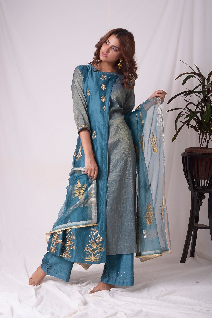 Buy blue tissue chanderi suit online in USA with palazzo and dupatta. Be the talk of parties and weddings with exquisite designer gowns, Indian suits, Anarkali dresses, Indo-western dresses from Pure Elegance Indian clothing store in USA .Shop online now.-full view-5