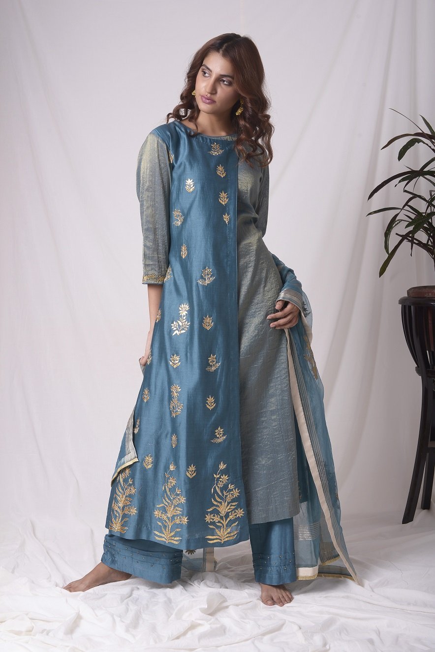 Buy blue tissue chanderi suit online in USA with palazzo and dupatta. Be the talk of parties and weddings with exquisite designer gowns, Indian suits, Anarkali dresses, Indo-western dresses from Pure Elegance Indian clothing store in USA .Shop online now.-full view-2