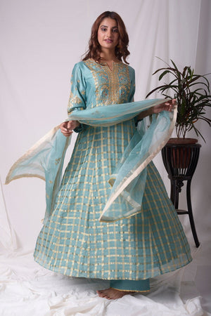 Buy blue silk suit online in USA with palazzo and dupatta. Be the talk of parties and weddings with exquisite designer gowns, Indian suits, Anarkali dresses, Indo-western dresses from Pure Elegance Indian clothing store in USA .Shop online now.-full view-2