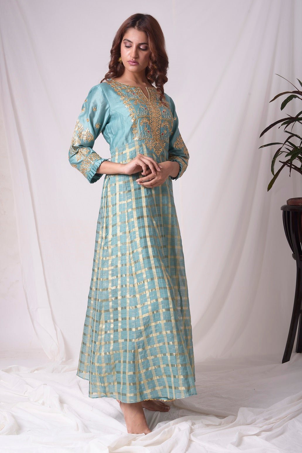 Buy blue silk suit online in USA with palazzo and dupatta. Be the talk of parties and weddings with exquisite designer gowns, Indian suits, Anarkali dresses, Indo-western dresses from Pure Elegance Indian clothing store in USA .Shop online now.-full view-3