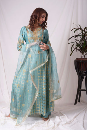 Buy blue silk suit online in USA with palazzo and dupatta. Be the talk of parties and weddings with exquisite designer gowns, Indian suits, Anarkali dresses, Indo-western dresses from Pure Elegance Indian clothing store in USA .Shop online now.-full view-4