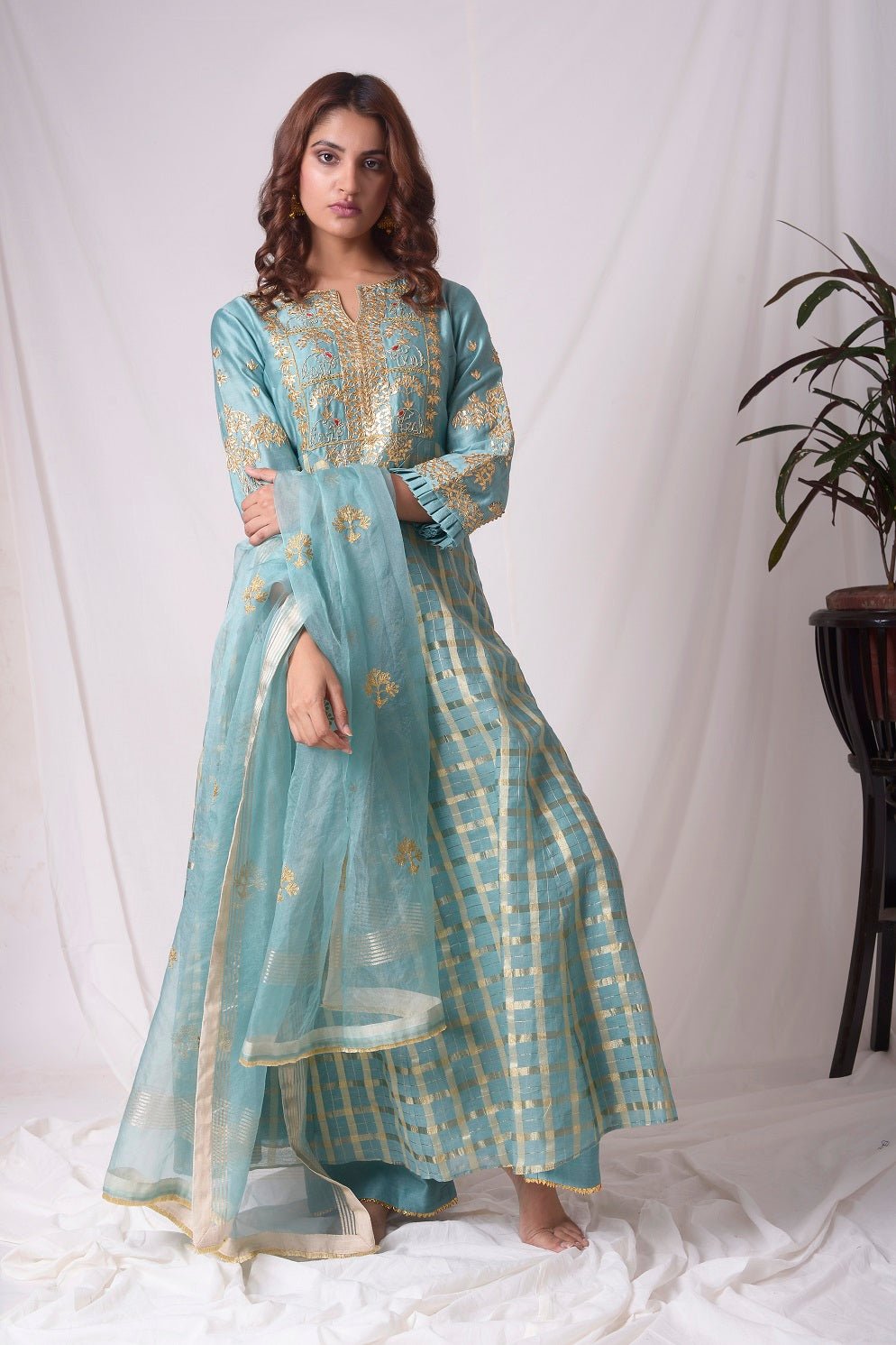 Buy blue silk suit online in USA with palazzo and dupatta. Be the talk of parties and weddings with exquisite designer gowns, Indian suits, Anarkali dresses, Indo-western dresses from Pure Elegance Indian clothing store in USA .Shop online now.-full view-5
