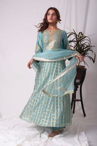 Buy blue silk suit online in USA with palazzo and dupatta. Be the talk of parties and weddings with exquisite designer gowns, Indian suits, Anarkali dresses, Indo-western dresses from Pure Elegance Indian clothing store in USA .Shop online now.-full view