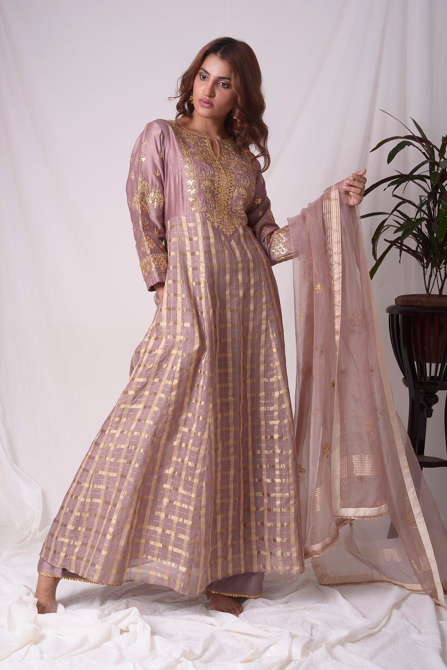 Buy brown silk suit online in USA with palazzo and dupatta. Be the talk of parties and weddings with exquisite designer gowns, Indian suits, Anarkali dresses, Indo-western dresses from Pure Elegance Indian clothing store in USA .Shop online now.-full view-1