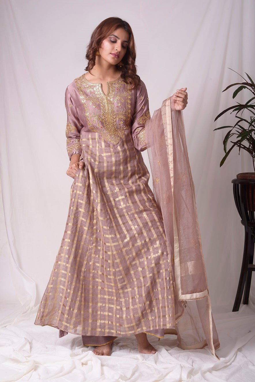 Buy brown silk suit online in USA with palazzo and dupatta. Be the talk of parties and weddings with exquisite designer gowns, Indian suits, Anarkali dresses, Indo-western dresses from Pure Elegance Indian clothing store in USA .Shop online now.-full view-2