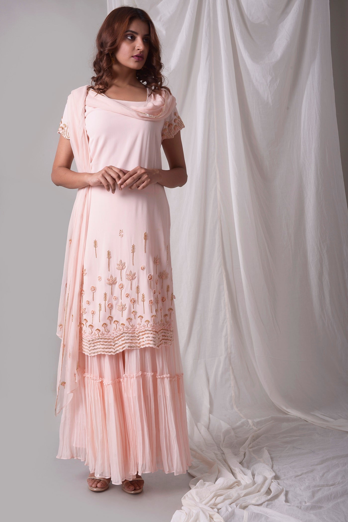 Buy pink georgette suit online in USA. Be the talk of parties and weddings with exquisite designer gowns, sharara suits, Anarkali suits, salwar suits from Pure Elegance Indian clothing store in USA. Shop online now.-full view-4