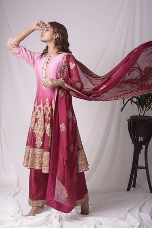 Buy rose red chanderi suit online in USA. Be the talk of parties and weddings with exquisite designer gowns, sharara suits, Anarkali suits, salwar suits from Pure Elegance Indian clothing store in USA. Shop online now.-side view