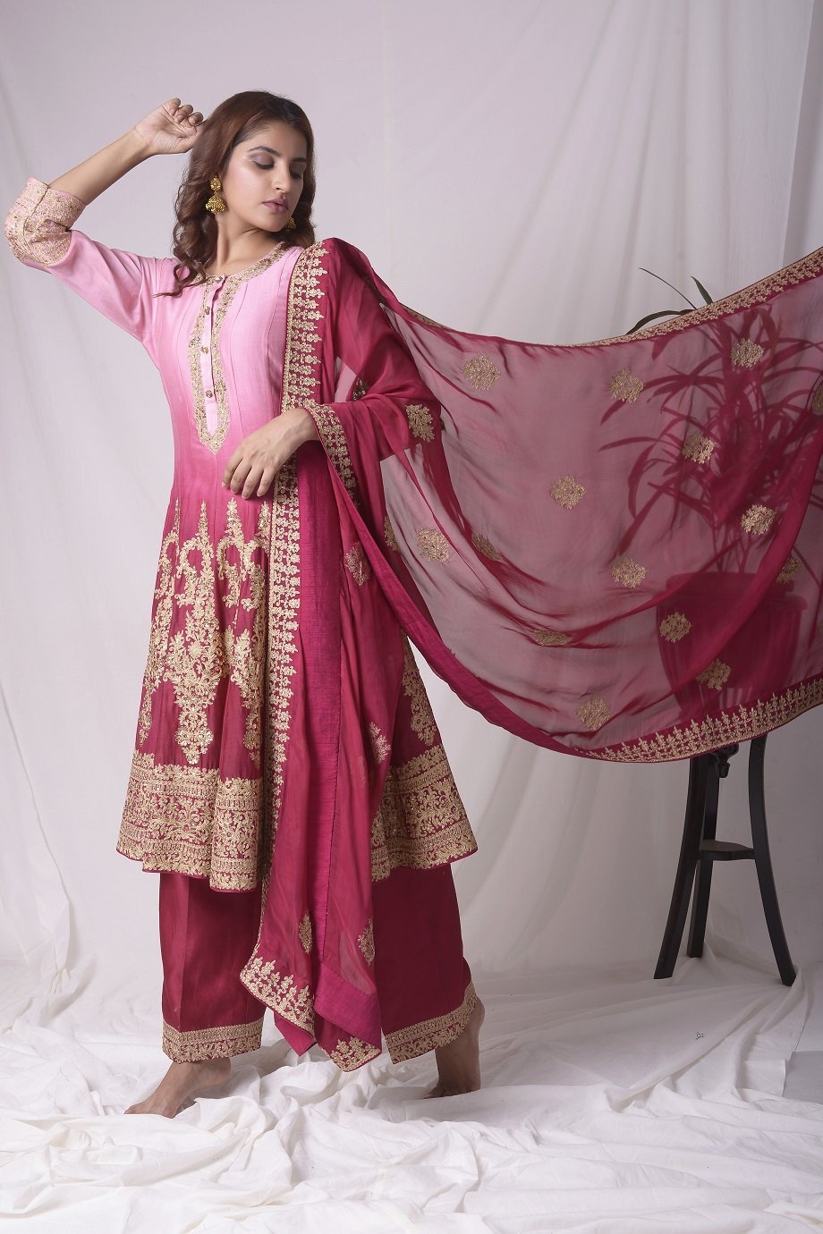 Rose Red Chanderi Suit With Palazzo And Duppatta Online in USA-side view-2