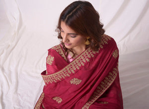 Rose Red Chanderi Suit With Palazzo And Duppatta Online in USA-extra close up