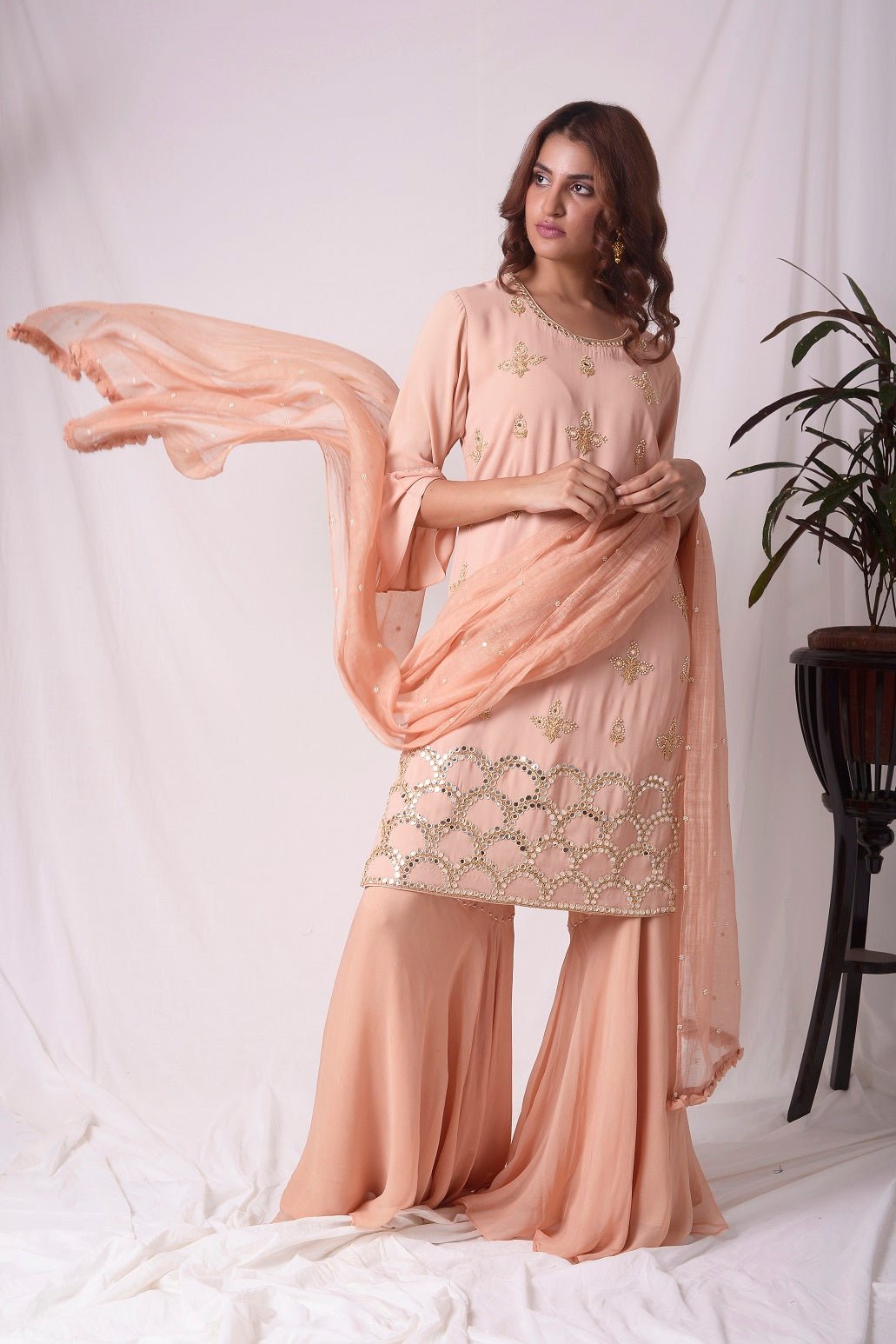 Buy peach orange georgette suit online in USA. Be the talk of parties and weddings with exquisite designer gowns, sharara suits, Anarkali suits, salwar suits from Pure Elegance Indian clothing store in USA. Shop online now..-full view-1