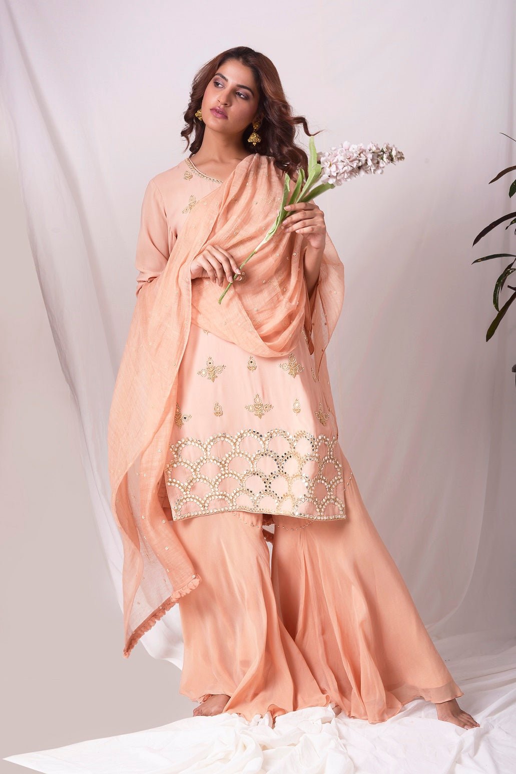 Buy peach orange georgette suit online in USA. Be the talk of parties and weddings with exquisite designer gowns, sharara suits, Anarkali suits, salwar suits from Pure Elegance Indian clothing store in USA. Shop online now.-full view