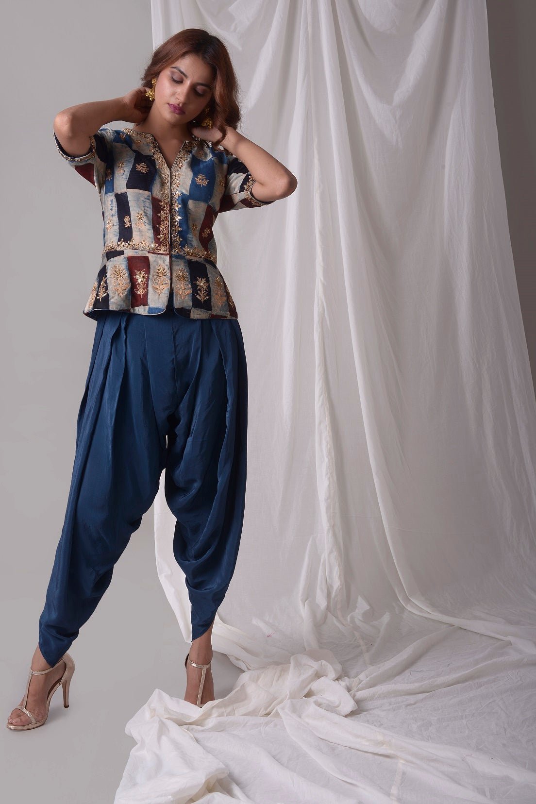 Buy blue modal suit online in USA with dhoti and jacket. Be the talk of parties and weddings with exquisite designer gowns, sharara suits, Anarkali suits, salwar suits from Pure Elegance Indian clothing store in USA. Shop online now.-full view-3