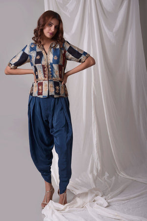 Buy blue modal suit online in USA with dhoti and jacket. Be the talk of parties and weddings with exquisite designer gowns, sharara suits, Anarkali suits, salwar suits from Pure Elegance Indian clothing store in USA. Shop online now.-full view-4