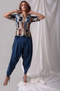Buy blue modal suit online in USA with dhoti and jacket. Be the talk of parties and weddings with exquisite designer gowns, sharara suits, Anarkali suits, salwar suits from Pure Elegance Indian clothing store in USA. Shop online now.-full view