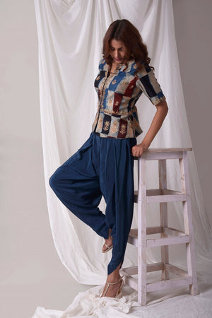 Buy blue modal suit online in USA with dhoti and jacket. Be the talk of parties and weddings with exquisite designer gowns, sharara suits, Anarkali suits, salwar suits from Pure Elegance Indian clothing store in USA. Shop online now.-side view