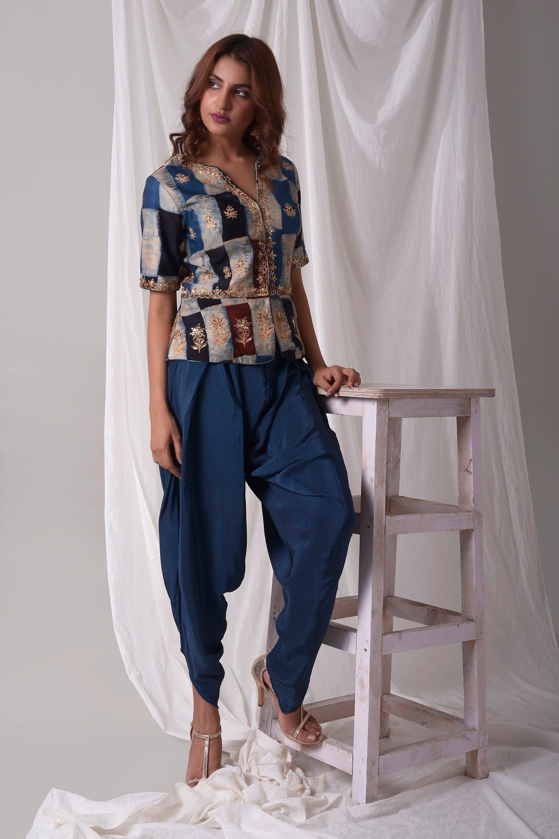 Buy blue modal suit online in USA with dhoti and jacket. Be the talk of parties and weddings with exquisite designer gowns, sharara suits, Anarkali suits, salwar suits from Pure Elegance Indian clothing store in USA. Shop online now.-full view-2