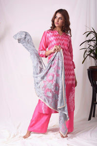 Buy pink chanderi suit online in USA with dupatta.  Be the talk of parties and weddings with exquisite designer gowns, sharara suits, Anarkali suits, salwar suits from Pure Elegance Indian clothing store in USA. Shop online now.-full view 