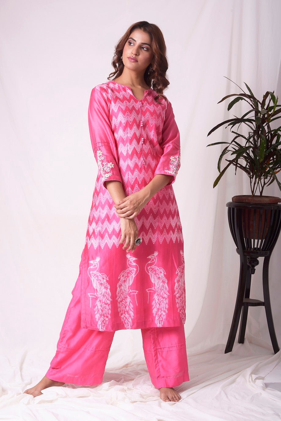 Buy pink chanderi suit online in USA with dupatta.  Be the talk of parties and weddings with exquisite designer gowns, sharara suits, Anarkali suits, salwar suits from Pure Elegance Indian clothing store in USA. Shop online now.-full view-3