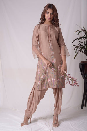 Buy beautiful brown cotton silk suit online in USA. Suit has simple multi color embroidery work. Kurta has 3/4 length sleeves which is net like at border, and dhoti. Simple look makes it elegant. Be the talk of parties and weddings with exquisite designer gowns from Pure Elegance Indian clothing store in USA.-full view-2