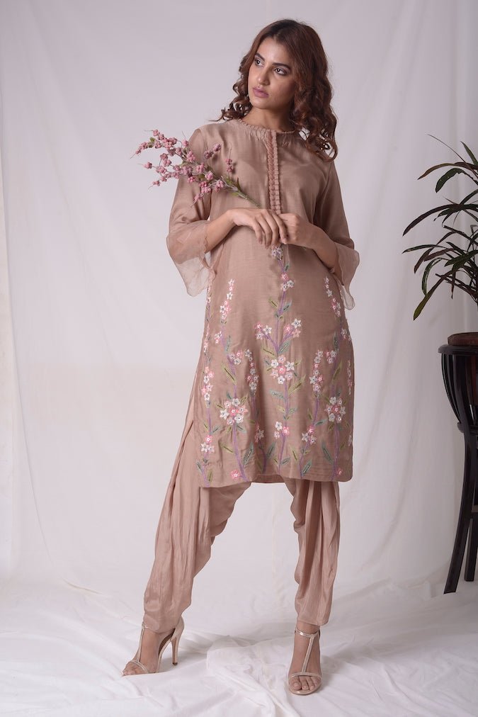 Buy beautiful brown cotton silk suit online in USA. Suit has simple multi color embroidery work. Kurta has 3/4 length sleeves which is net like at border, and dhoti. Simple look makes it elegant. Be the talk of parties and weddings with exquisite designer gowns from Pure Elegance Indian clothing store in USA.-full view