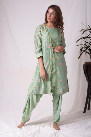 Sage Green Chanderi Suit With Jacket And Dhoti Online in USA-full view-2