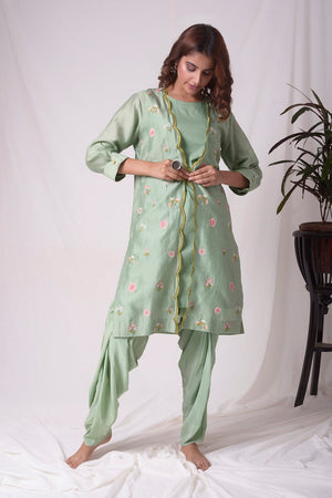 Sage Green Chanderi Suit With Jacket And Dhoti Online in USA-full view-3