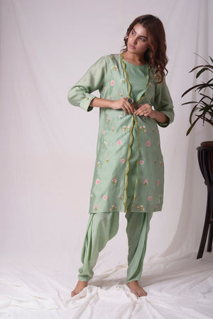 Sage Green Chanderi Suit With Jacket And Dhoti Online in USA-full view-4