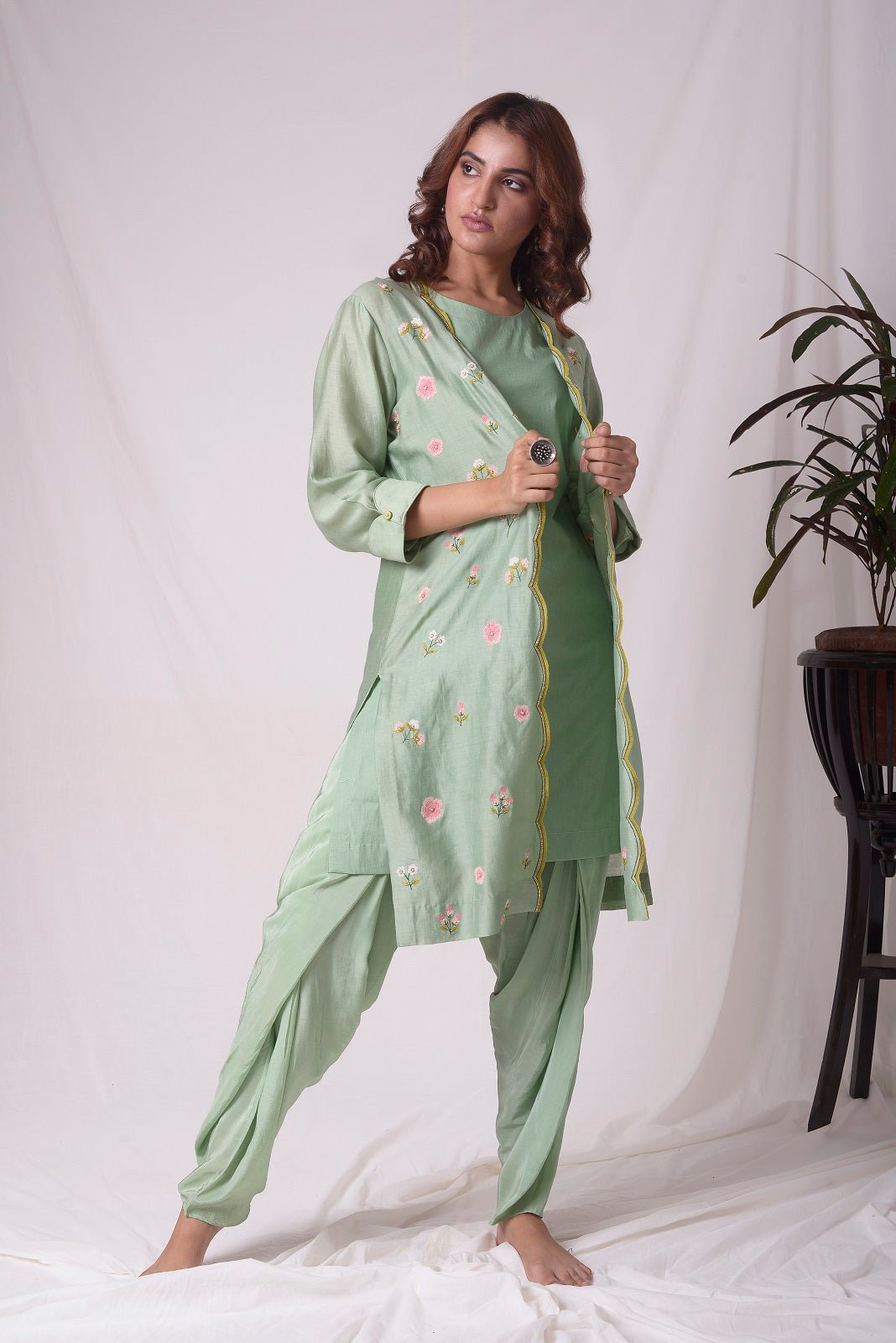 Sage Green Chanderi Suit With Jacket And Dhoti Online in USA-full view