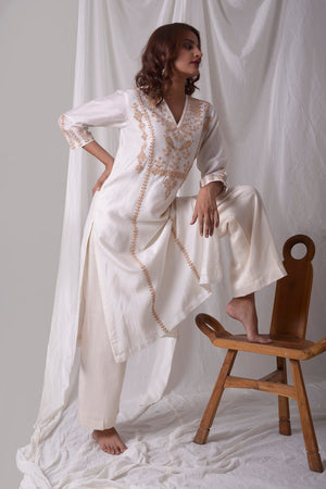 Off White Chanderi Suit With Palazzo Online in USA-side view