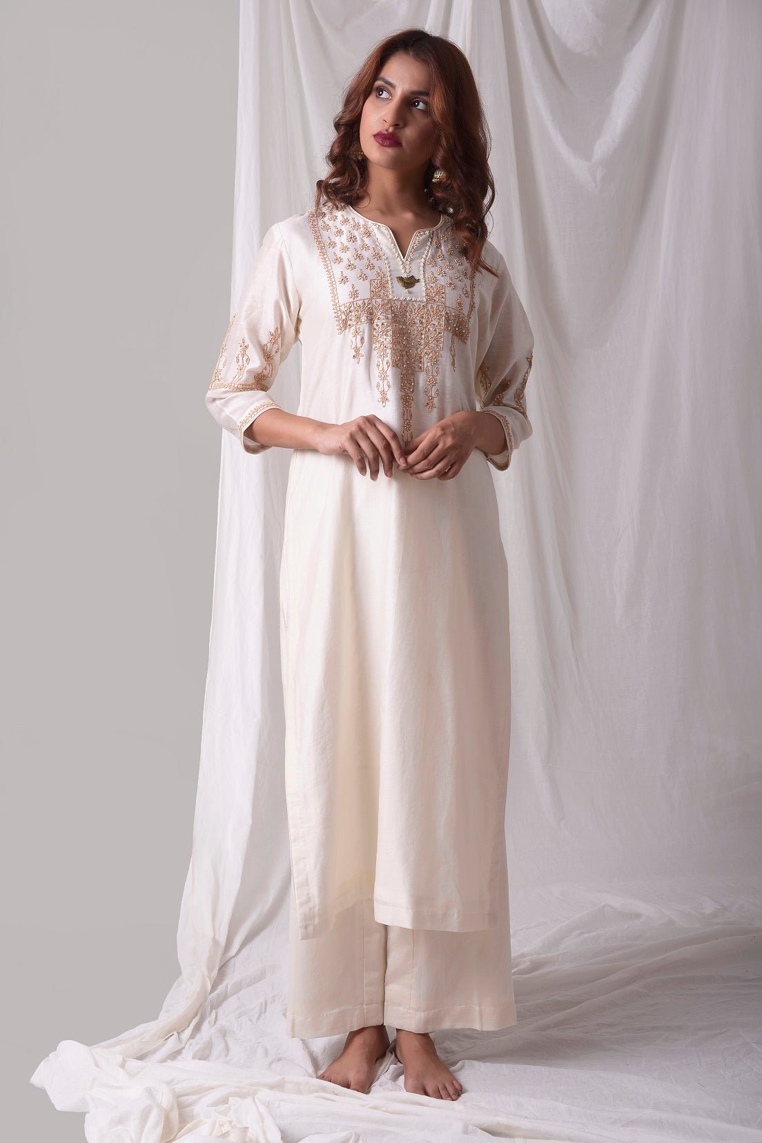 Off White Chanderi Suit With Palazzo Online in USA-full view