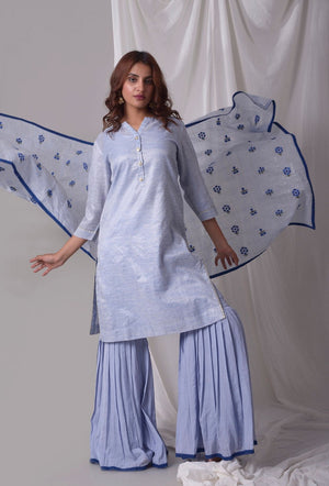 Sky Blue Cotton Linen Suit With Palazzo And Duppatta Online in USA-full view-4