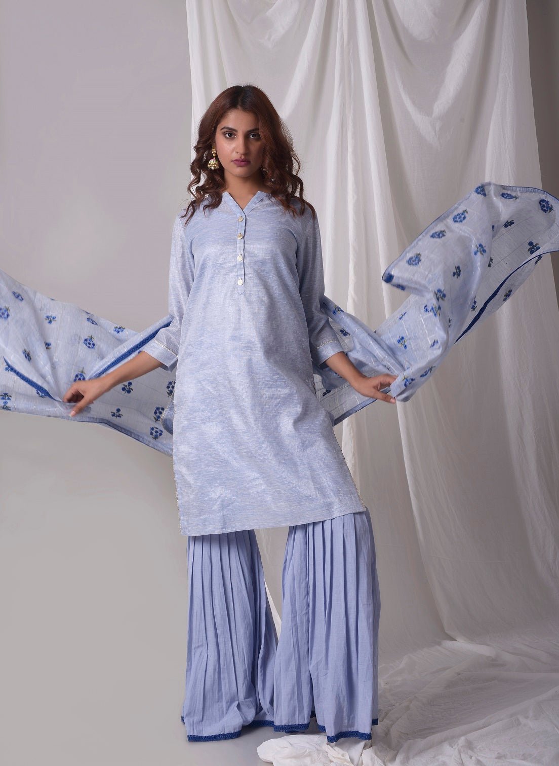 Sky Blue Cotton Linen Suit With Palazzo And Duppatta Online in USA-full view-5