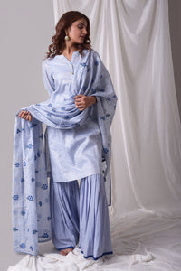 Sky Blue Cotton Linen Suit With Palazzo And Duppatta Online in USA-full view
