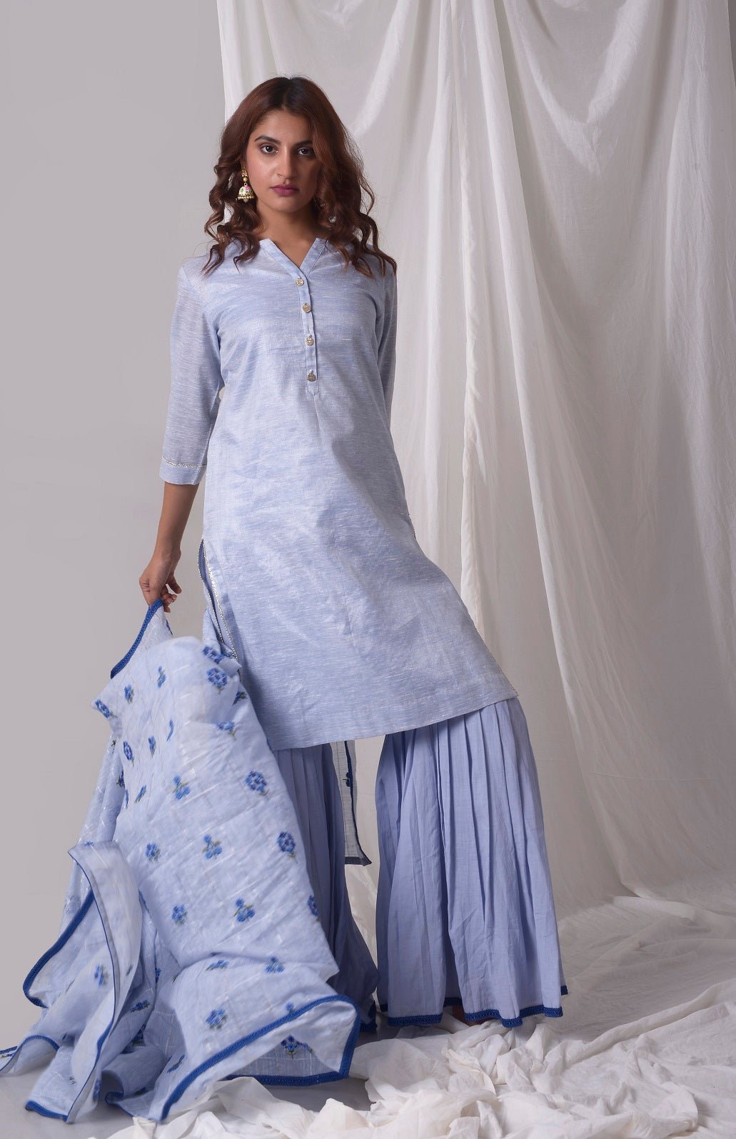 Sky Blue Cotton Linen Suit With Palazzo And Duppatta Online in USA-full view-2