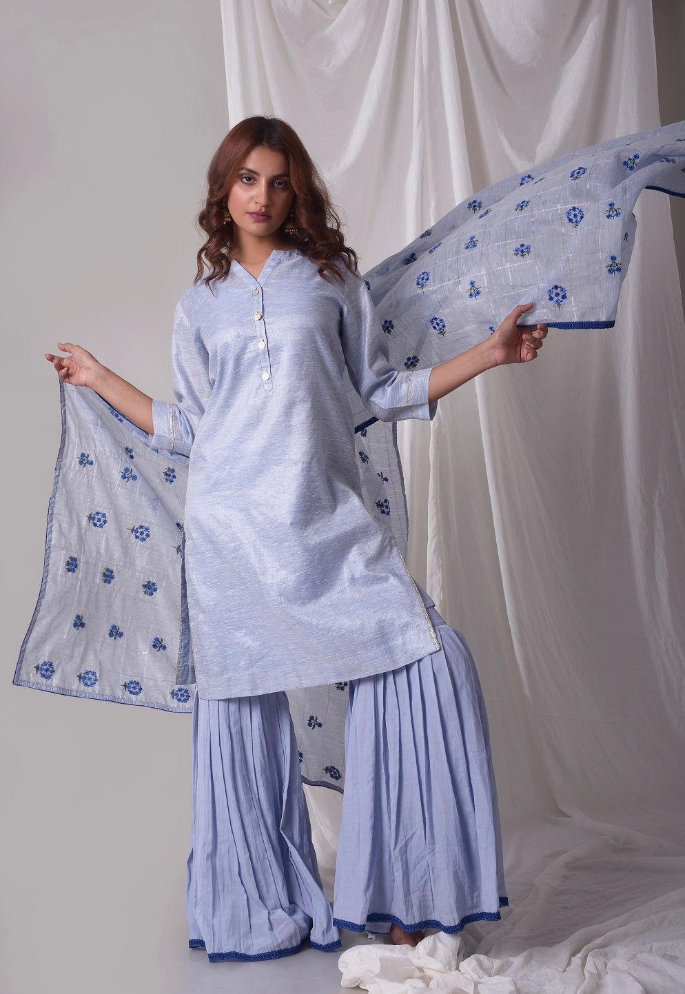 Sky Blue Cotton Linen Suit With Palazzo And Duppatta Online in USA-full view-3