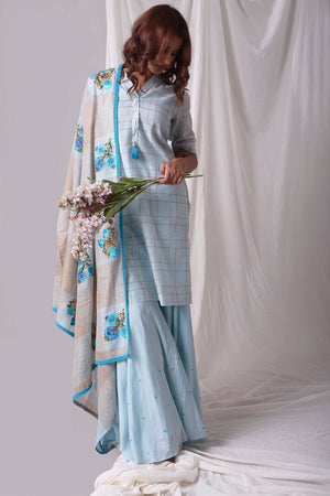 Blue Cotton Linen Suit With Palazzo And Duppatta Online in USA-full view-2