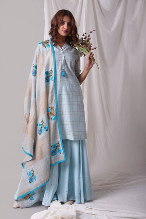 Blue Cotton Linen Suit With Palazzo And Duppatta Online in USA-full view-3