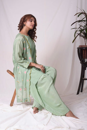 Sage Green Chanderi Suit With Dhoti Online in USA-side view